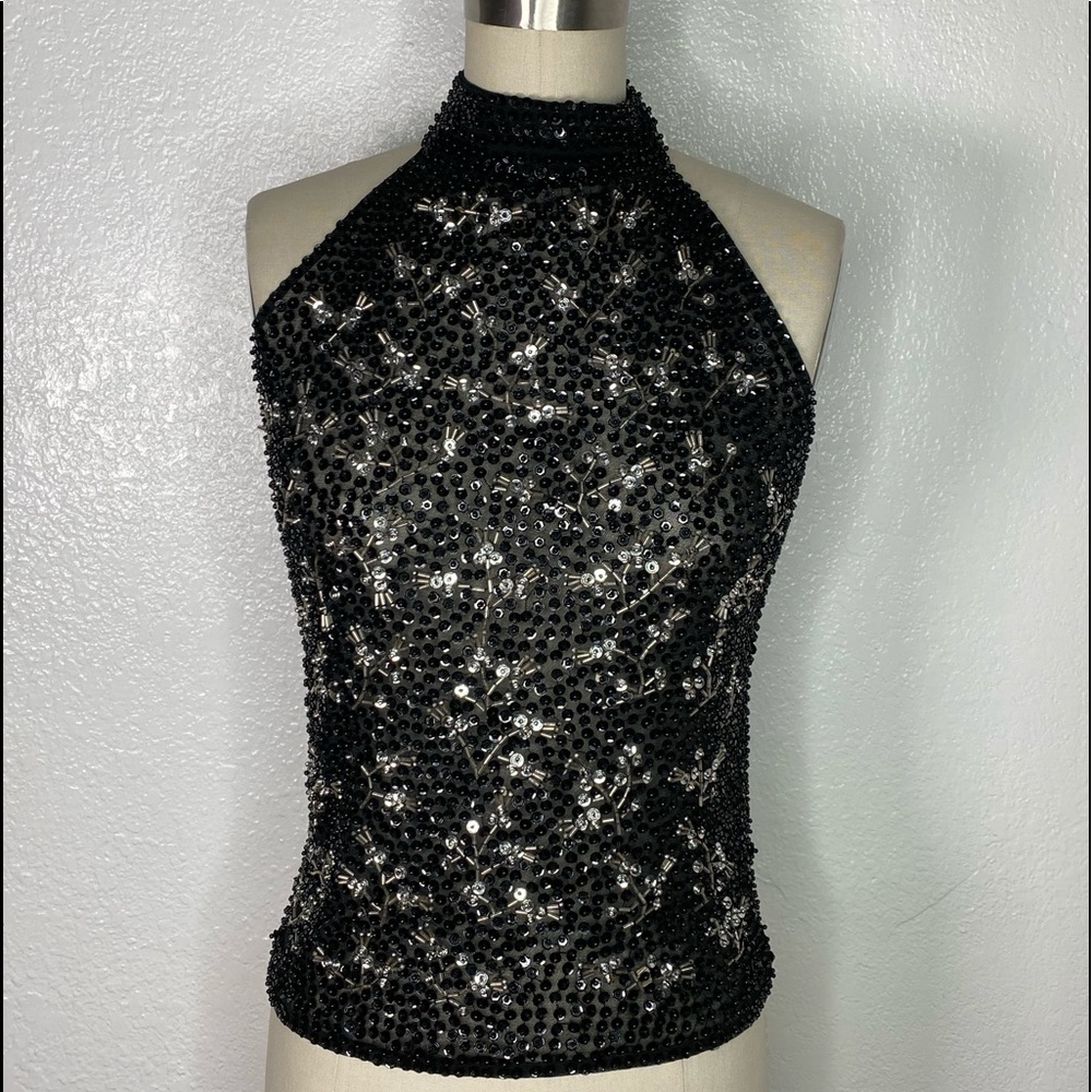 Vintage black silver beaded mesh burning man festival party top M